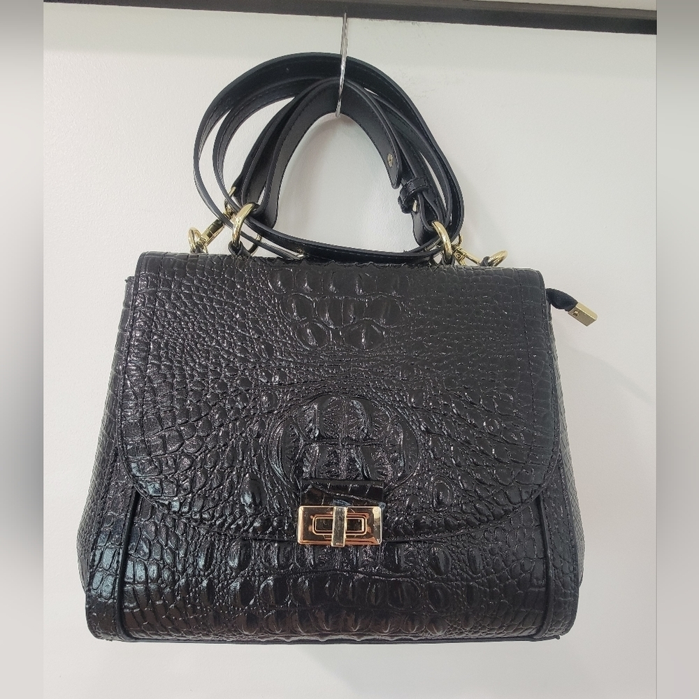 Black Faux Crocodile Crossbody Handbag Gold Hardware New w/o Tags